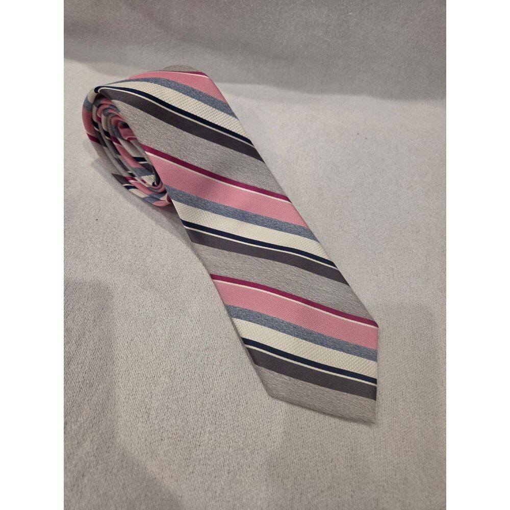 Pronto Uomo Men's Tie Pink Gray White Diagonal Stripe Silk Blend Business Work